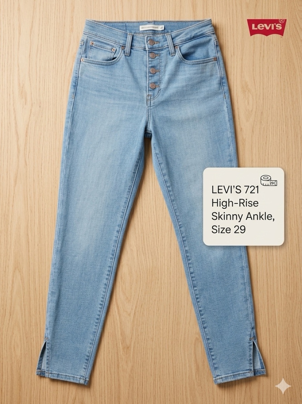 Levis 721 High Rise Skinny Ankle Jeans Size 29 Exposed Button Fly Slit Hem Blue